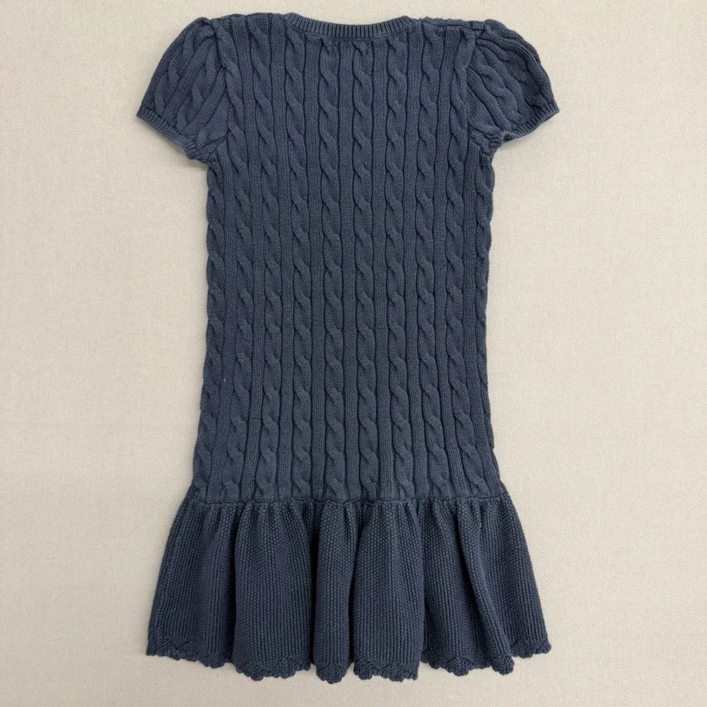 Ralph Lauren Girls Navy Blue Cable Knit Ruffle Hem Sweater Dress Size 6X pony